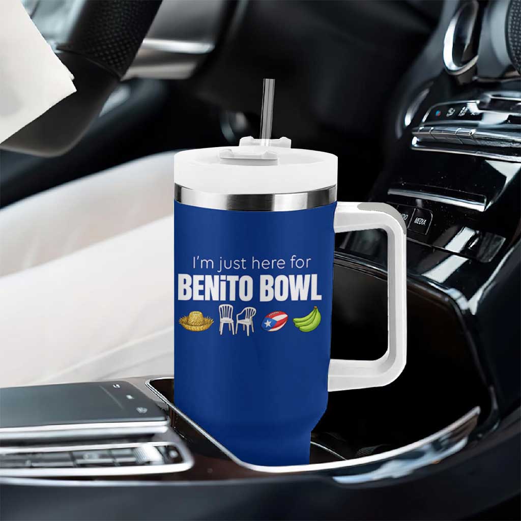 I'm Just Here for the Benito Bowl Funny Puerto Rican Game Day Tumbler With Handle Plantains Chairs and Flag Music Fans