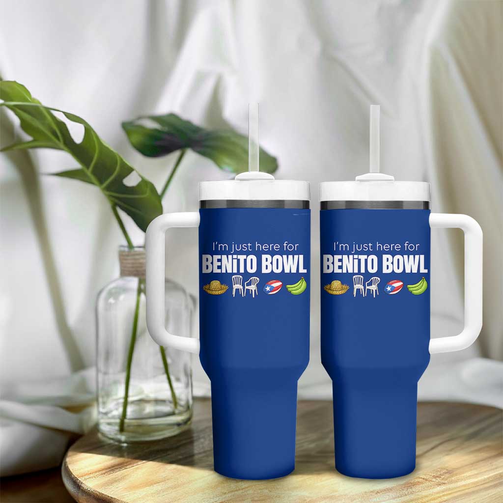 I'm Just Here for the Benito Bowl Funny Puerto Rican Game Day Tumbler With Handle Plantains Chairs and Flag Music Fans
