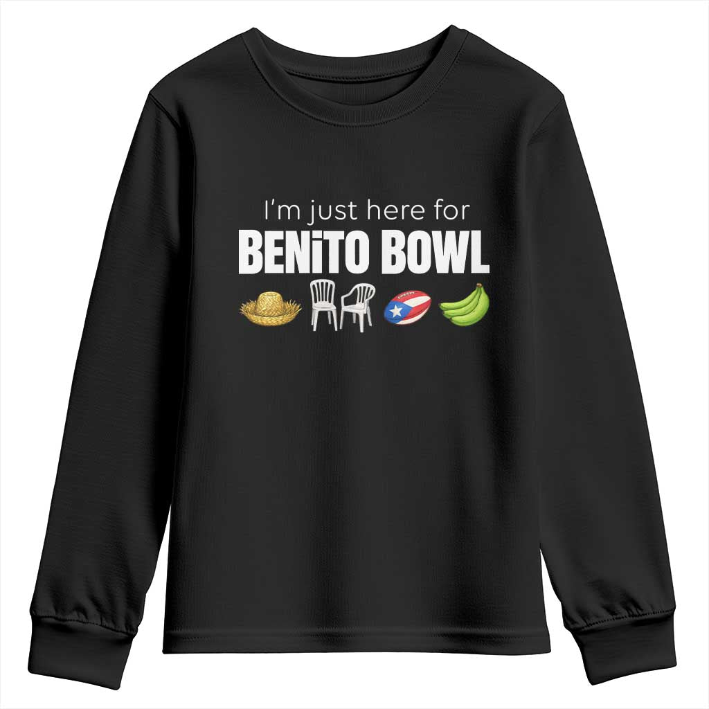 I'm Just Here for the Benito Bowl Funny Puerto Rican Game Day Youth Sweatshirt Plantains Chairs and Flag Music Fans
