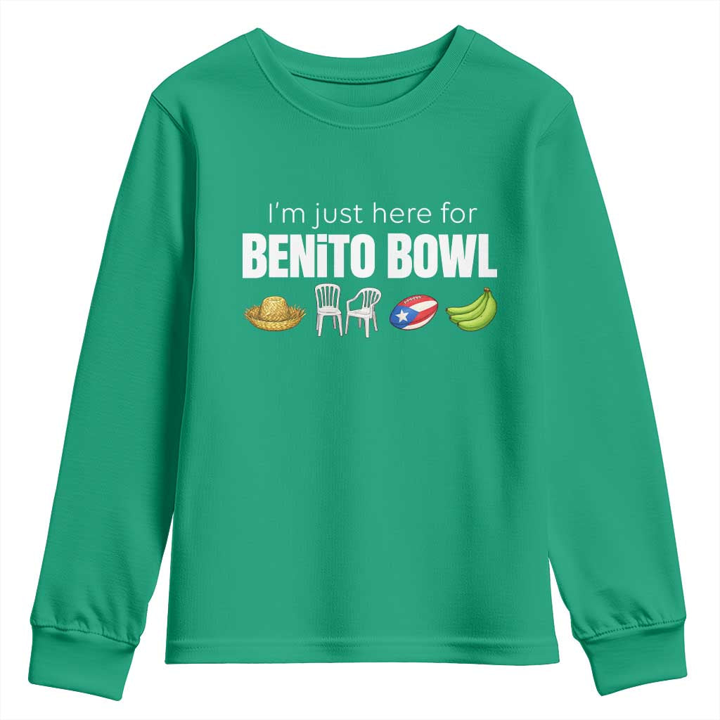 I'm Just Here for the Benito Bowl Funny Puerto Rican Game Day Youth Sweatshirt Plantains Chairs and Flag Music Fans