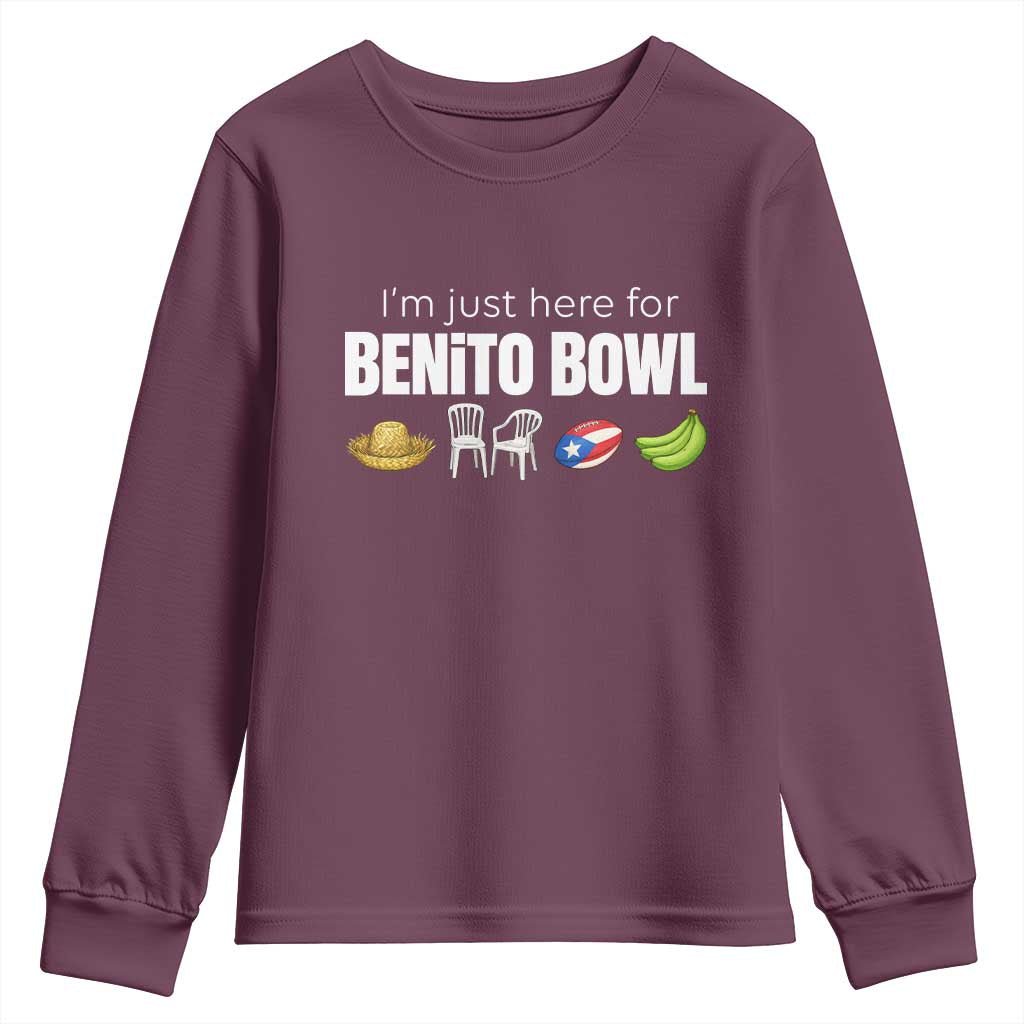 I'm Just Here for the Benito Bowl Funny Puerto Rican Game Day Youth Sweatshirt Plantains Chairs and Flag Music Fans