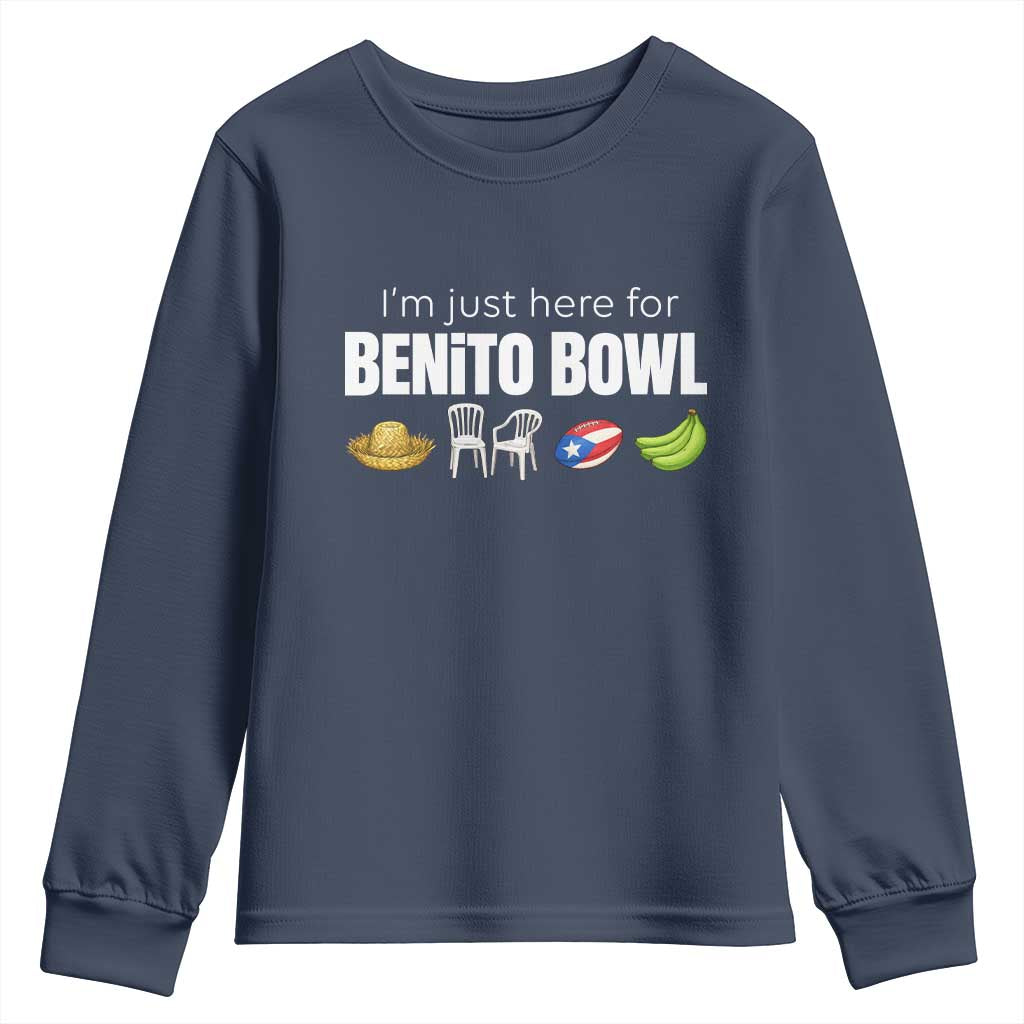 I'm Just Here for the Benito Bowl Funny Puerto Rican Game Day Youth Sweatshirt Plantains Chairs and Flag Music Fans