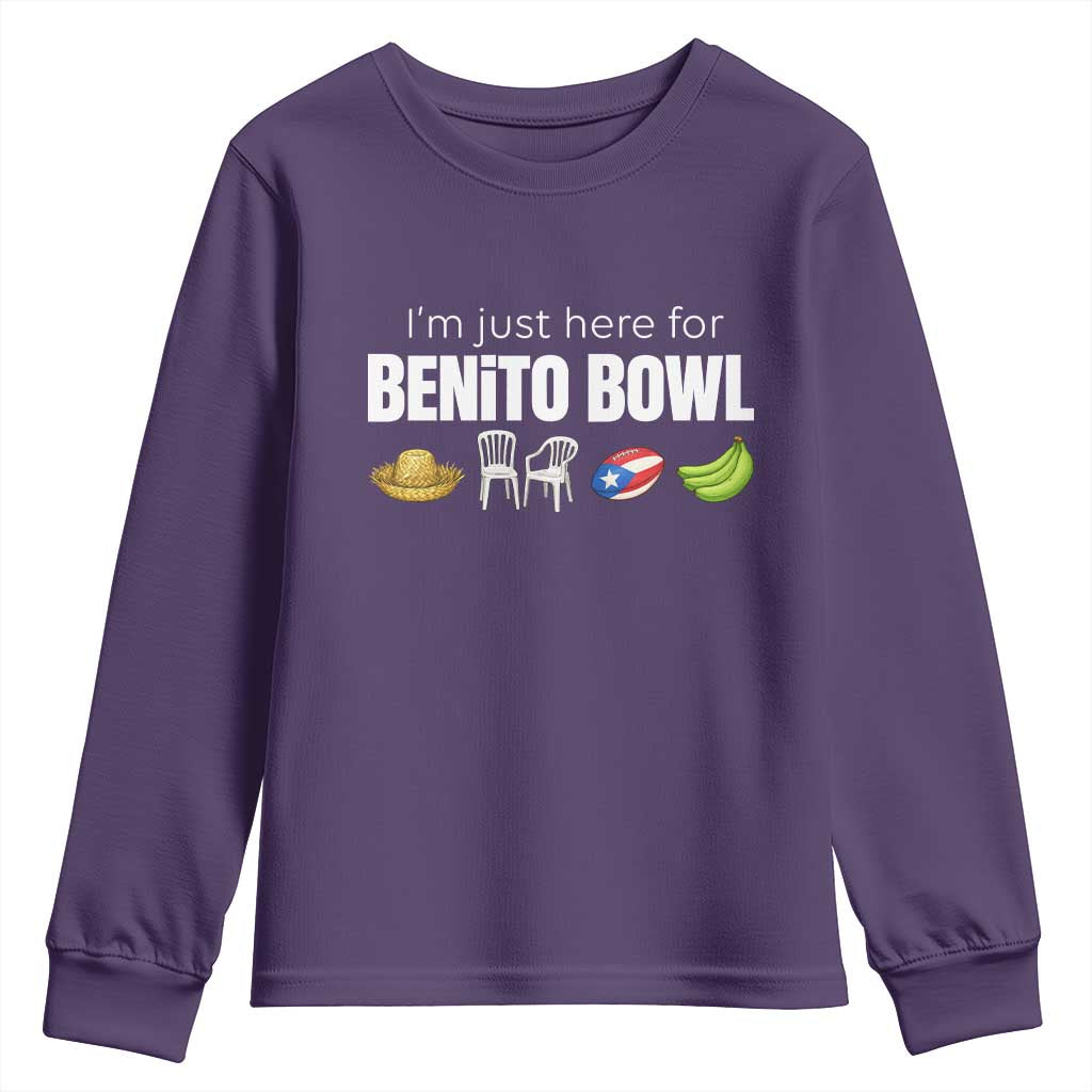 I'm Just Here for the Benito Bowl Funny Puerto Rican Game Day Youth Sweatshirt Plantains Chairs and Flag Music Fans