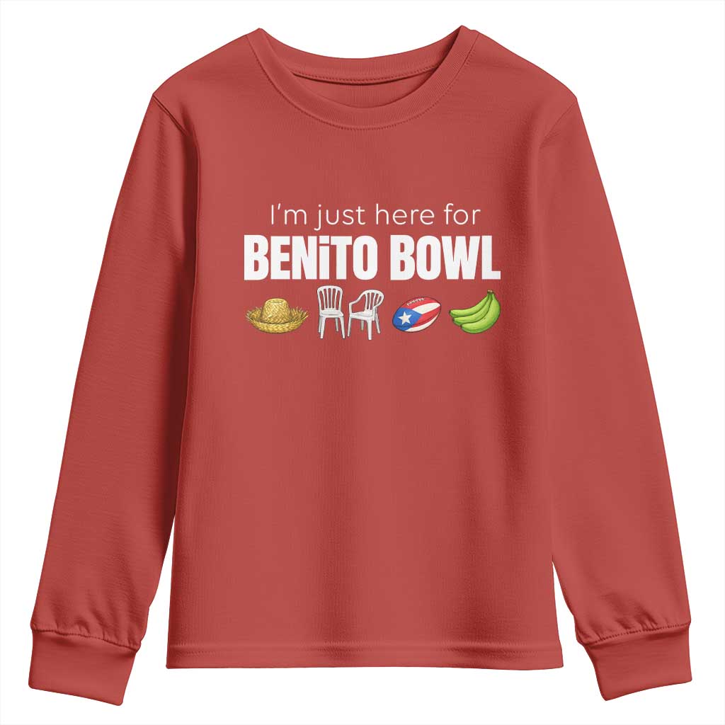I'm Just Here for the Benito Bowl Funny Puerto Rican Game Day Youth Sweatshirt Plantains Chairs and Flag Music Fans