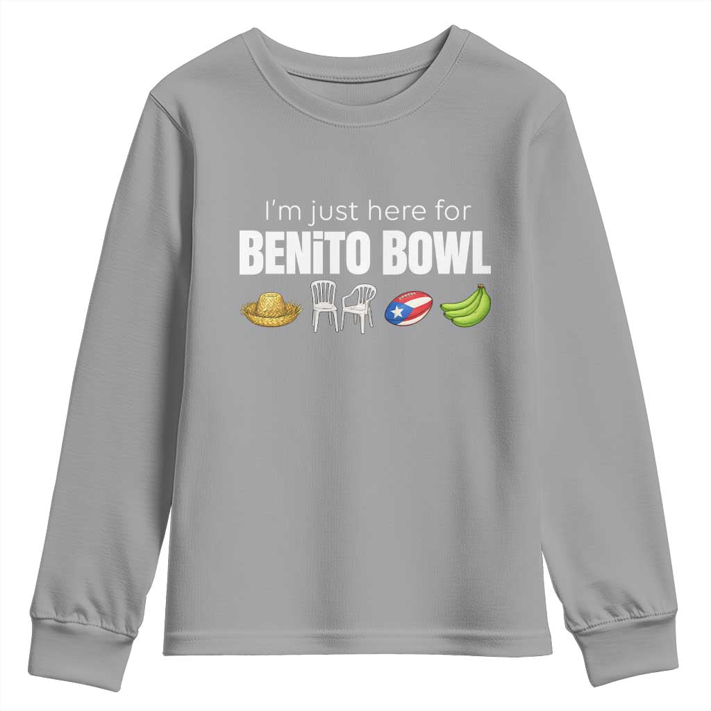 I'm Just Here for the Benito Bowl Funny Puerto Rican Game Day Youth Sweatshirt Plantains Chairs and Flag Music Fans