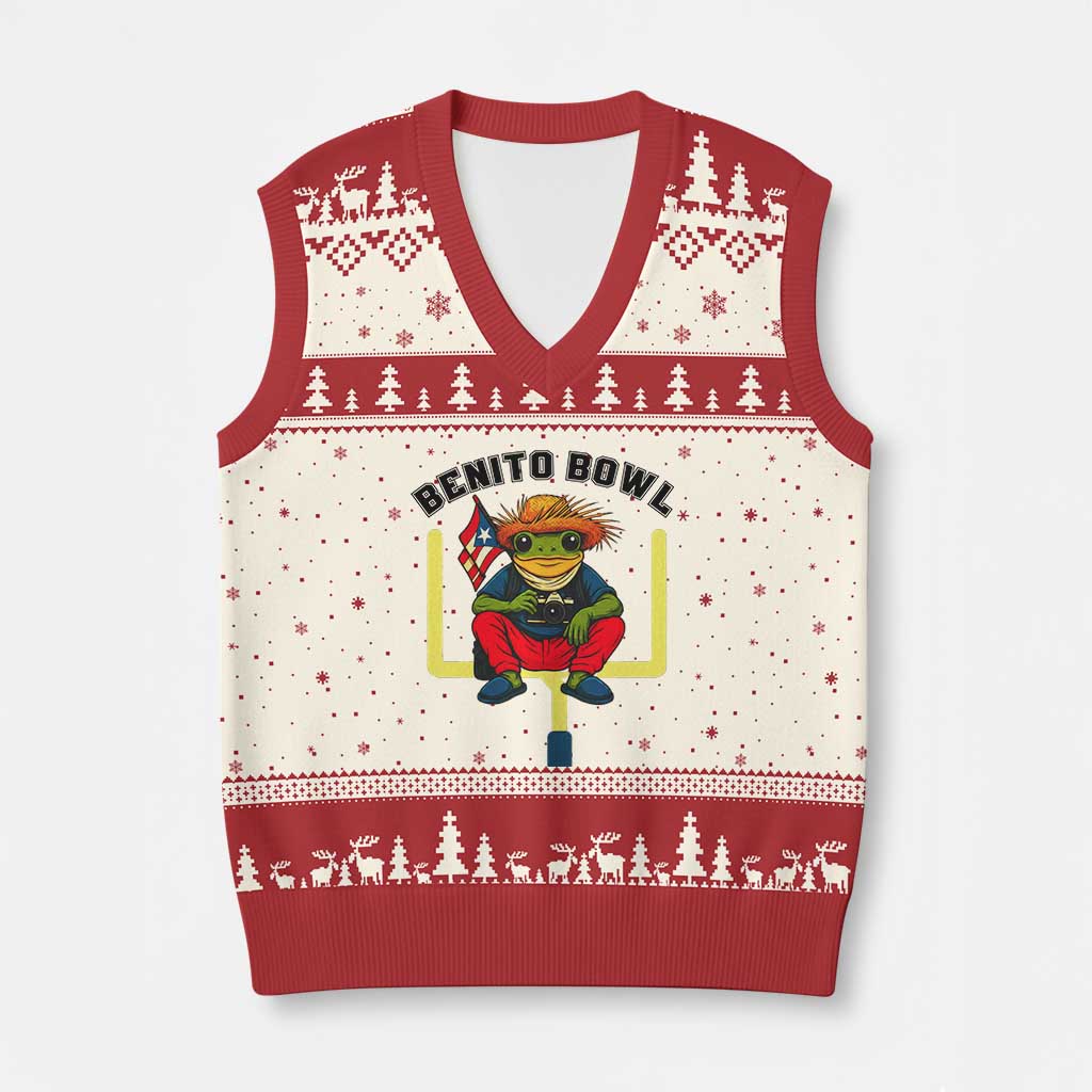 Benito Bowl Coquí Frog Football V-Neck Knit Sweater Vest Funny Puerto Rico Flag Game Day Music Fans