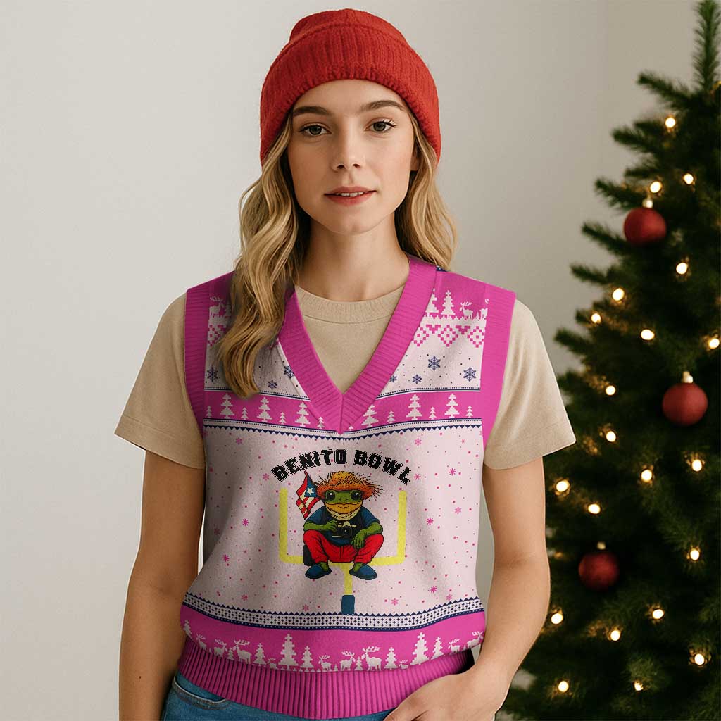 Benito Bowl Coquí Frog Football V-Neck Knit Sweater Vest Funny Puerto Rico Flag Game Day Music Fans