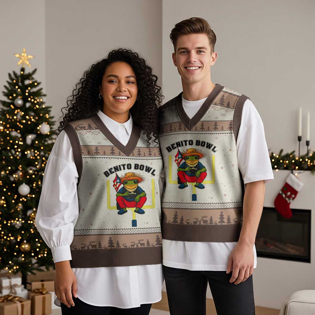Benito Bowl Coquí Frog Football V-Neck Knit Sweater Vest Funny Puerto Rico Flag Game Day Music Fans