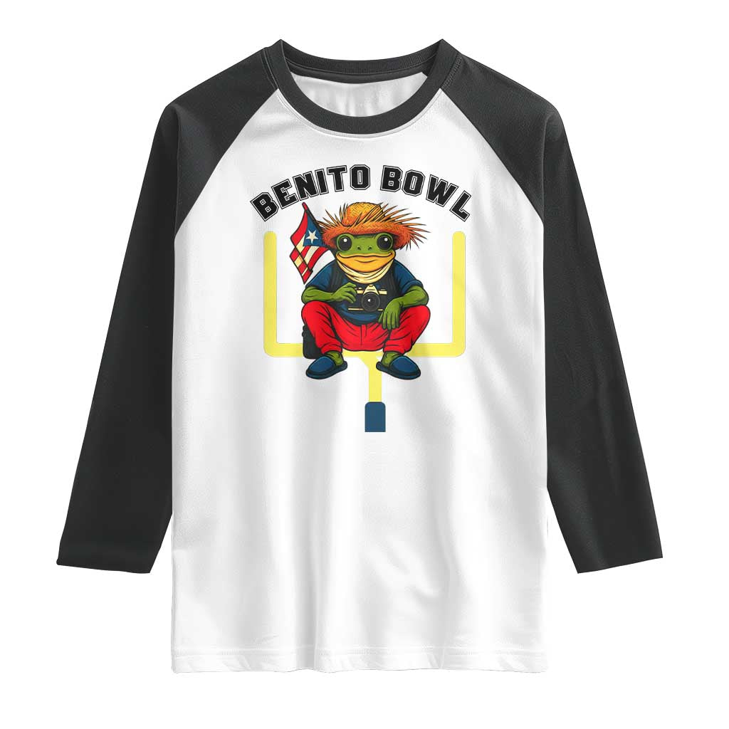 Benito Bowl Coquí Frog Football Raglan Shirt Funny Puerto Rico Flag Game Day Music Fans