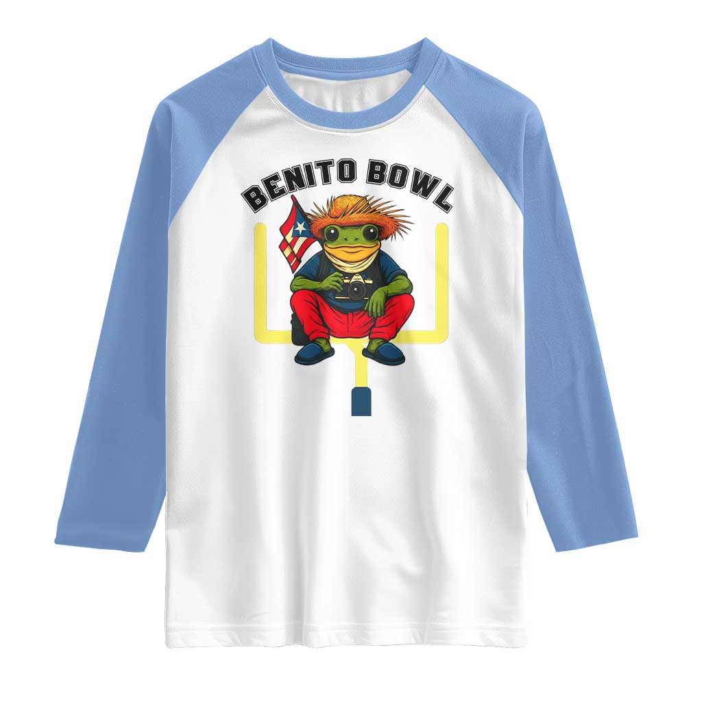 Benito Bowl Coquí Frog Football Raglan Shirt Funny Puerto Rico Flag Game Day Music Fans