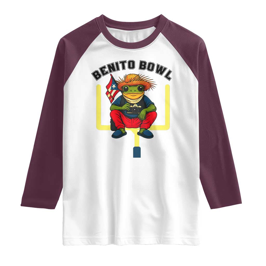 Benito Bowl Coquí Frog Football Raglan Shirt Funny Puerto Rico Flag Game Day Music Fans
