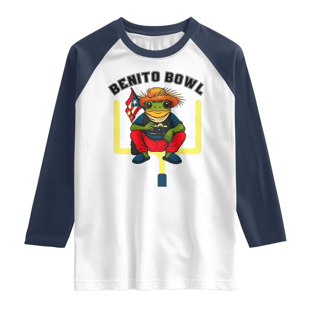 Benito Bowl Coquí Frog Football Raglan Shirt Funny Puerto Rico Flag Game Day Music Fans