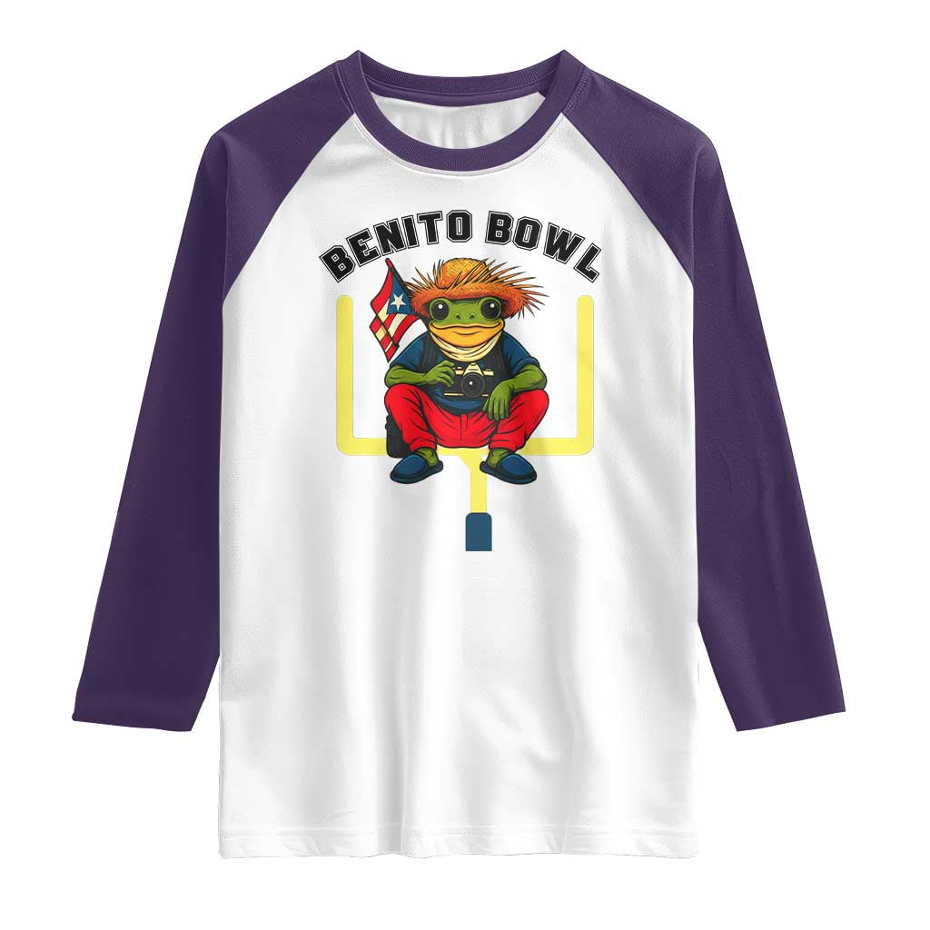Benito Bowl Coquí Frog Football Raglan Shirt Funny Puerto Rico Flag Game Day Music Fans
