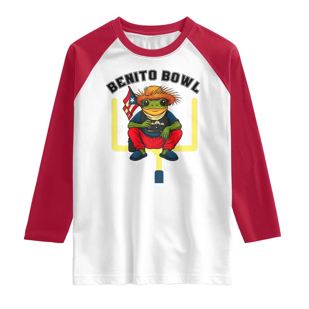 Benito Bowl Coquí Frog Football Raglan Shirt Funny Puerto Rico Flag Game Day Music Fans