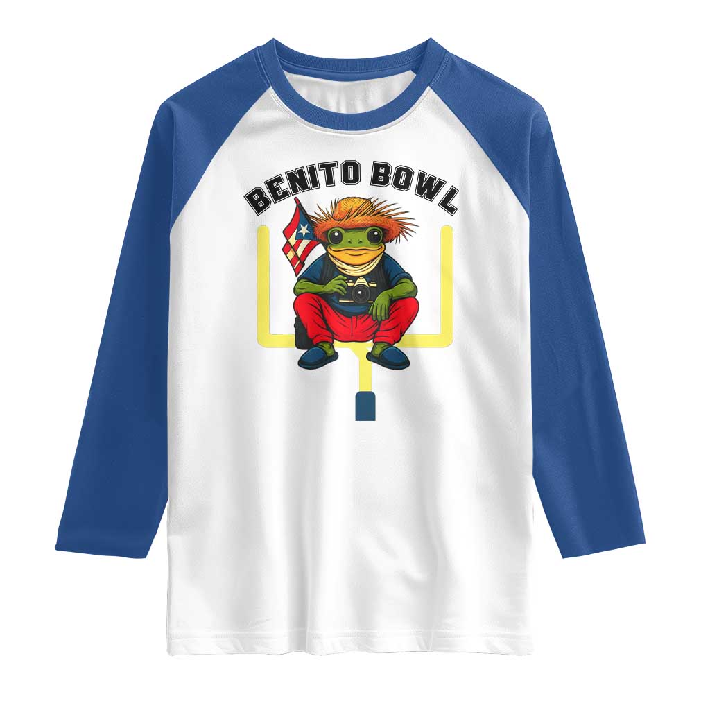 Benito Bowl Coquí Frog Football Raglan Shirt Funny Puerto Rico Flag Game Day Music Fans