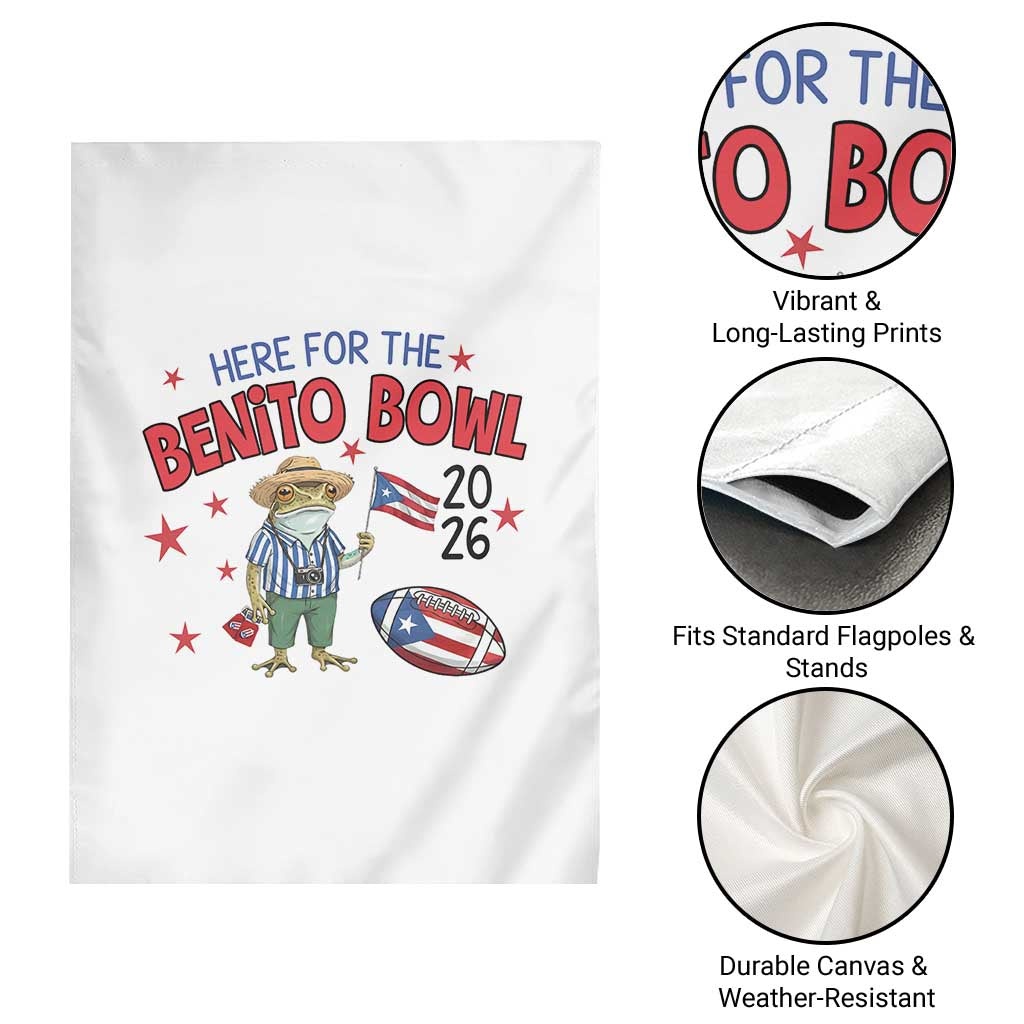 Here for the Benito Bowl 2026 Coquí Frog Garden Flag Puerto Rican Funny Football Music Fans