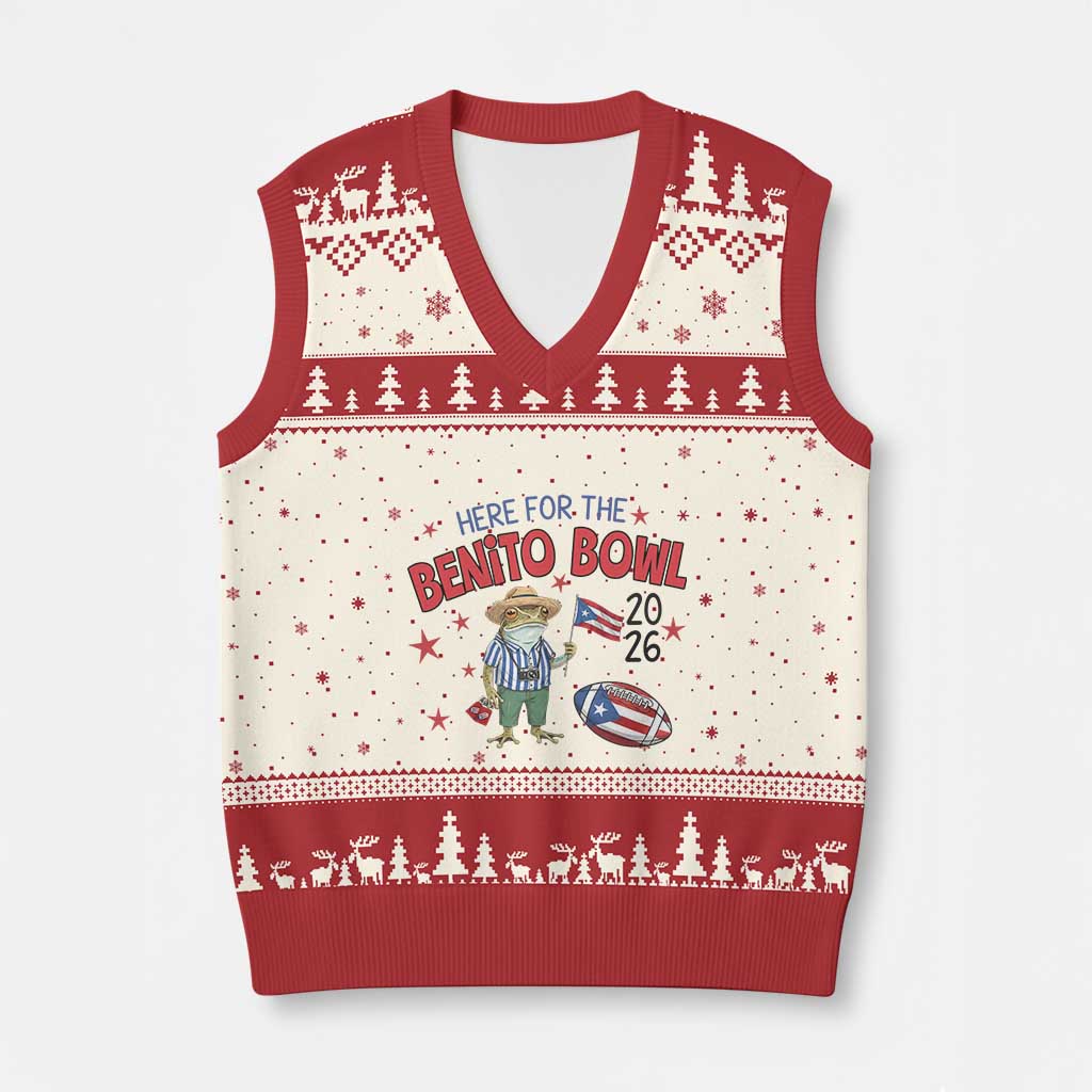 Here for the Benito Bowl 2026 Coquí Frog V-Neck Knit Sweater Vest Puerto Rican Funny Football Music Fans