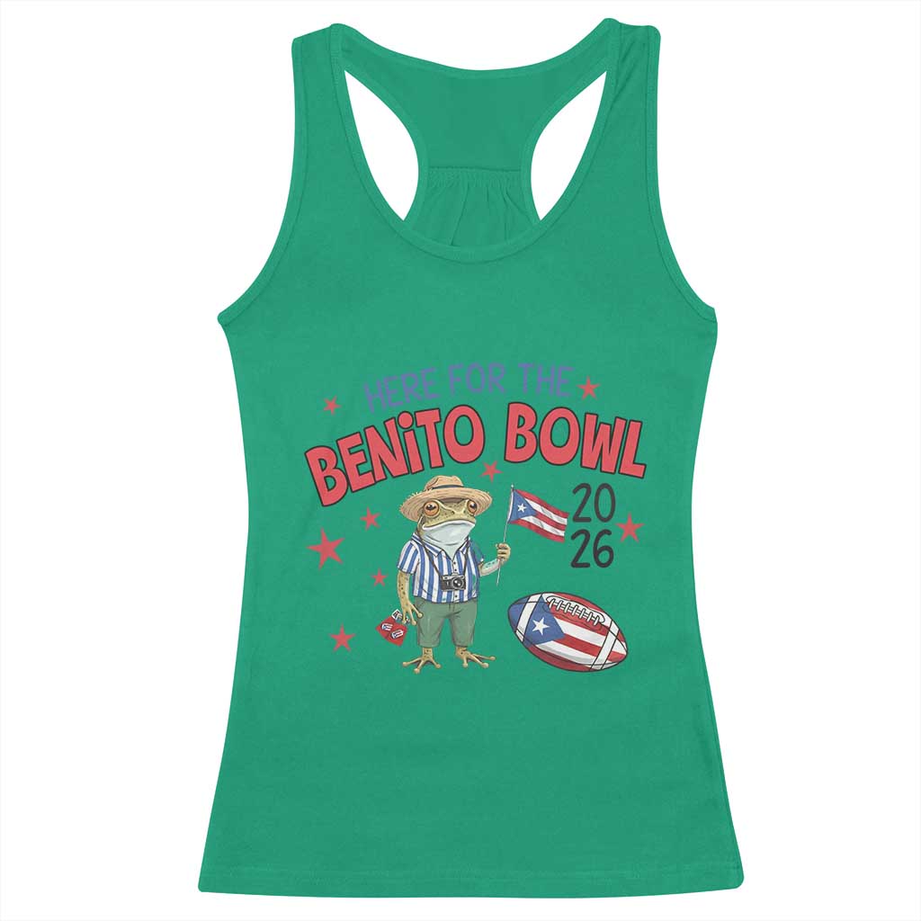 Here for the Benito Bowl 2026 Coquí Frog Racerback Tank Top Puerto Rican Funny Football Music Fans