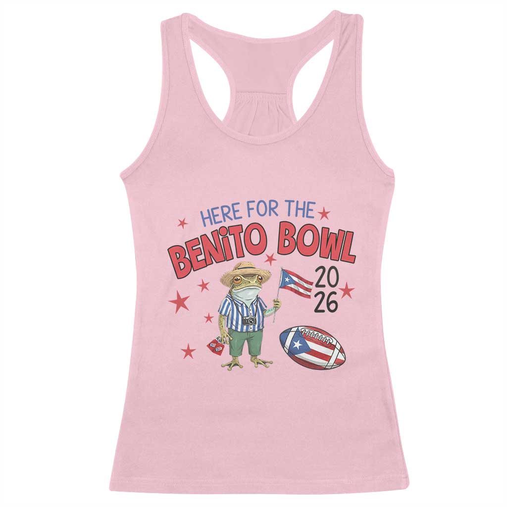 Here for the Benito Bowl 2026 Coquí Frog Racerback Tank Top Puerto Rican Funny Football Music Fans