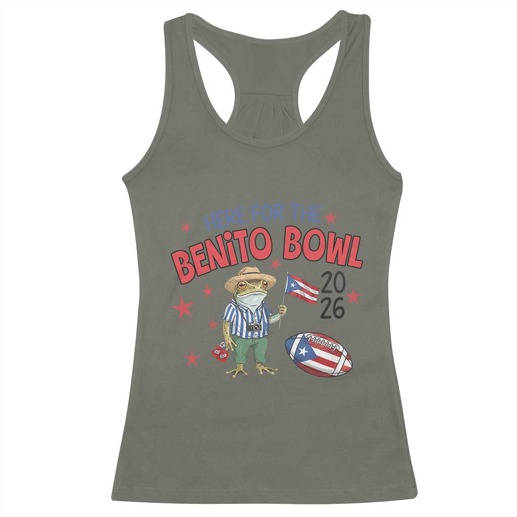 Here for the Benito Bowl 2026 Coquí Frog Racerback Tank Top Puerto Rican Funny Football Music Fans