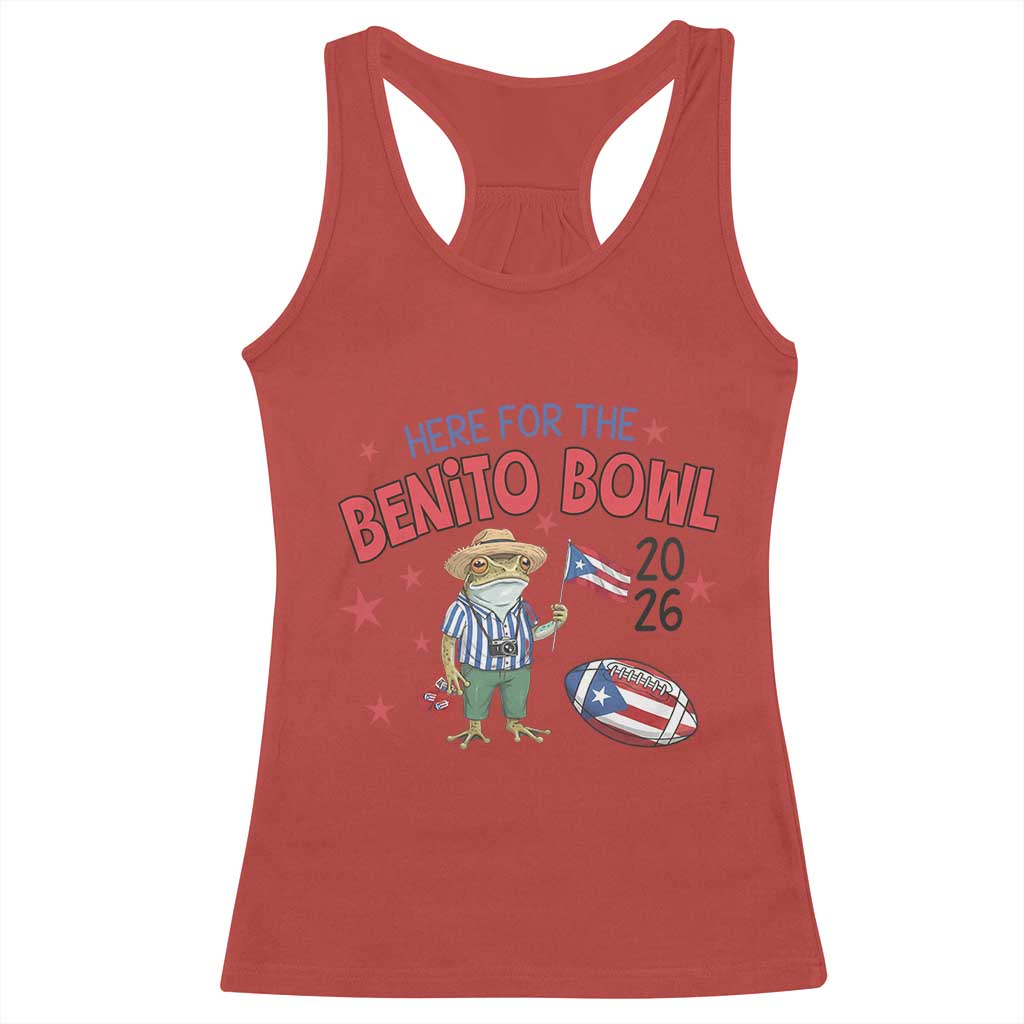 Here for the Benito Bowl 2026 Coquí Frog Racerback Tank Top Puerto Rican Funny Football Music Fans