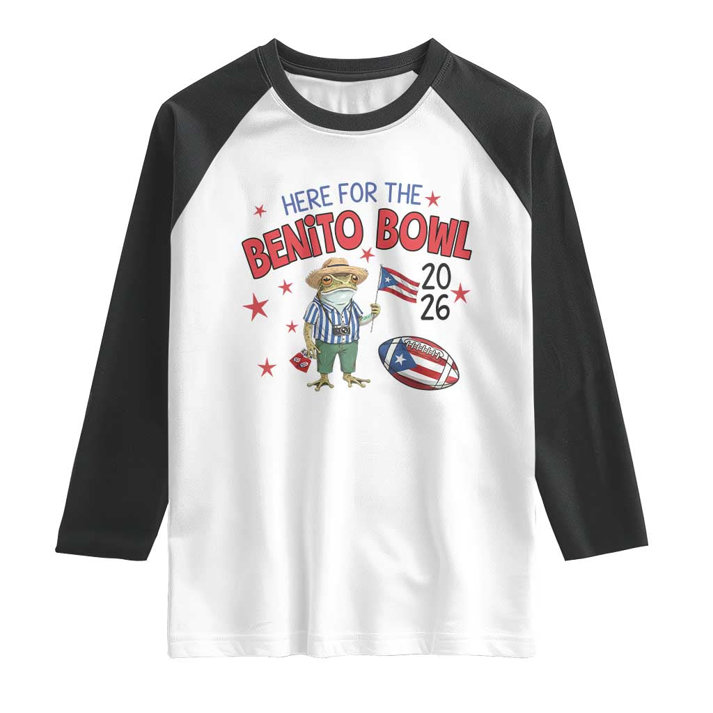 Here for the Benito Bowl 2026 Coquí Frog Raglan Shirt Puerto Rican Funny Football Music Fans