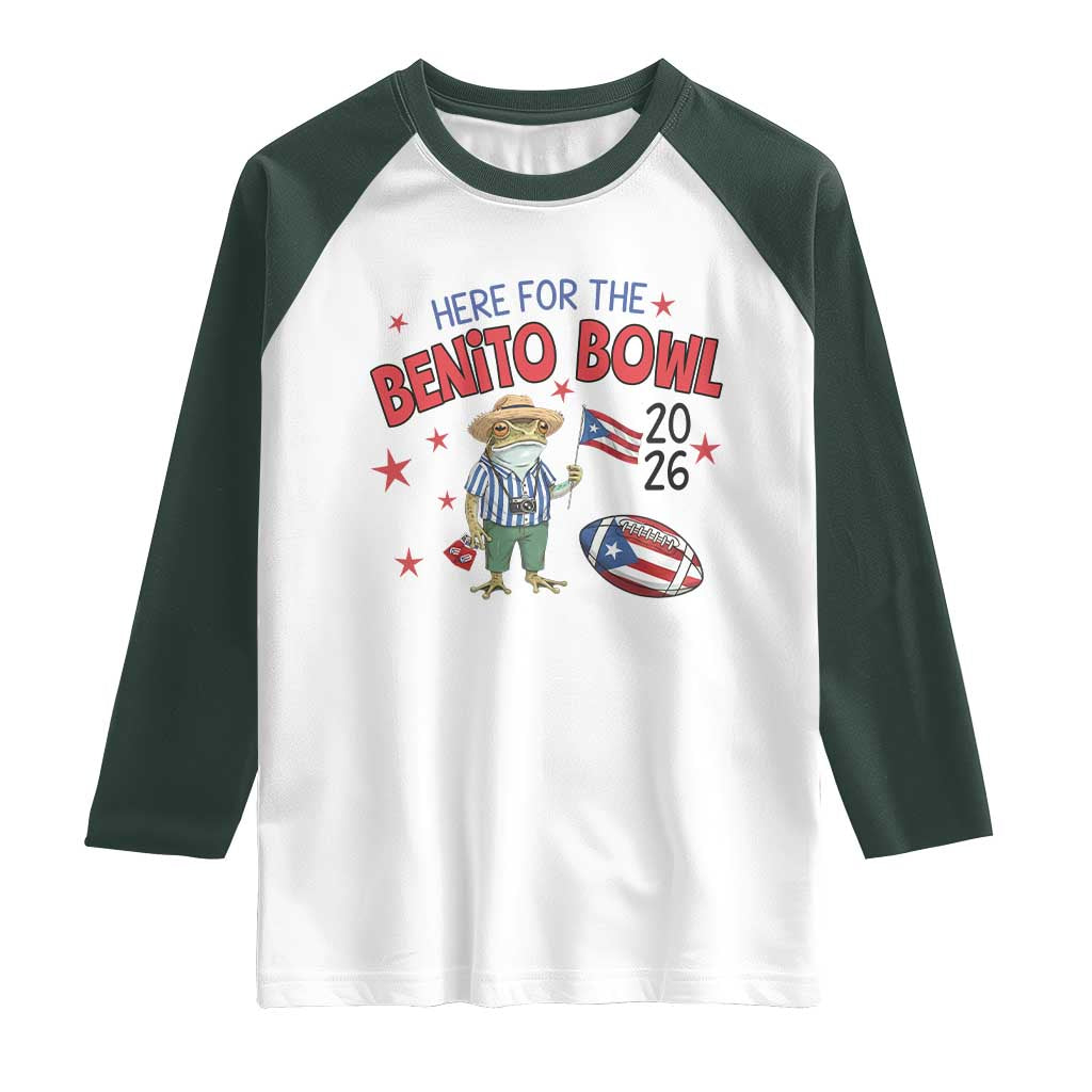 Here for the Benito Bowl 2026 Coquí Frog Raglan Shirt Puerto Rican Funny Football Music Fans
