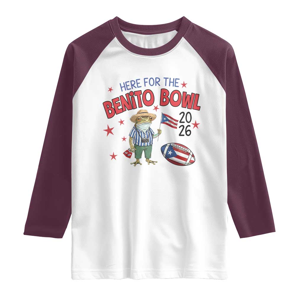 Here for the Benito Bowl 2026 Coquí Frog Raglan Shirt Puerto Rican Funny Football Music Fans