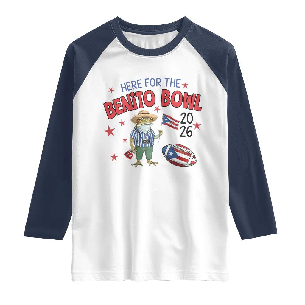 Here for the Benito Bowl 2026 Coquí Frog Raglan Shirt Puerto Rican Funny Football Music Fans