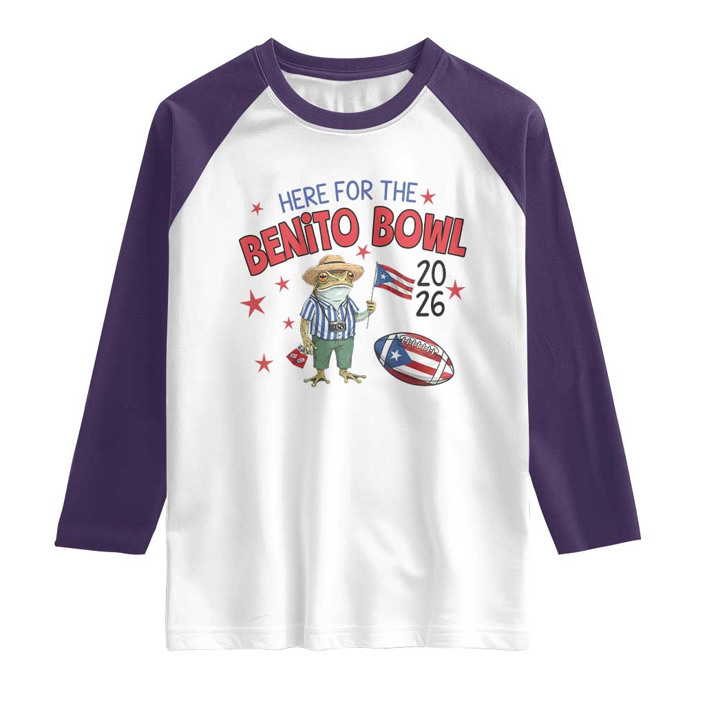 Here for the Benito Bowl 2026 Coquí Frog Raglan Shirt Puerto Rican Funny Football Music Fans