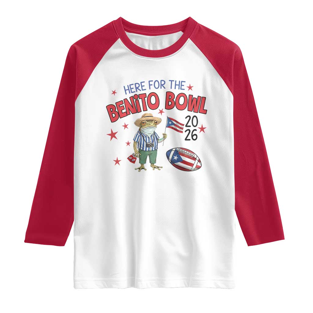 Here for the Benito Bowl 2026 Coquí Frog Raglan Shirt Puerto Rican Funny Football Music Fans