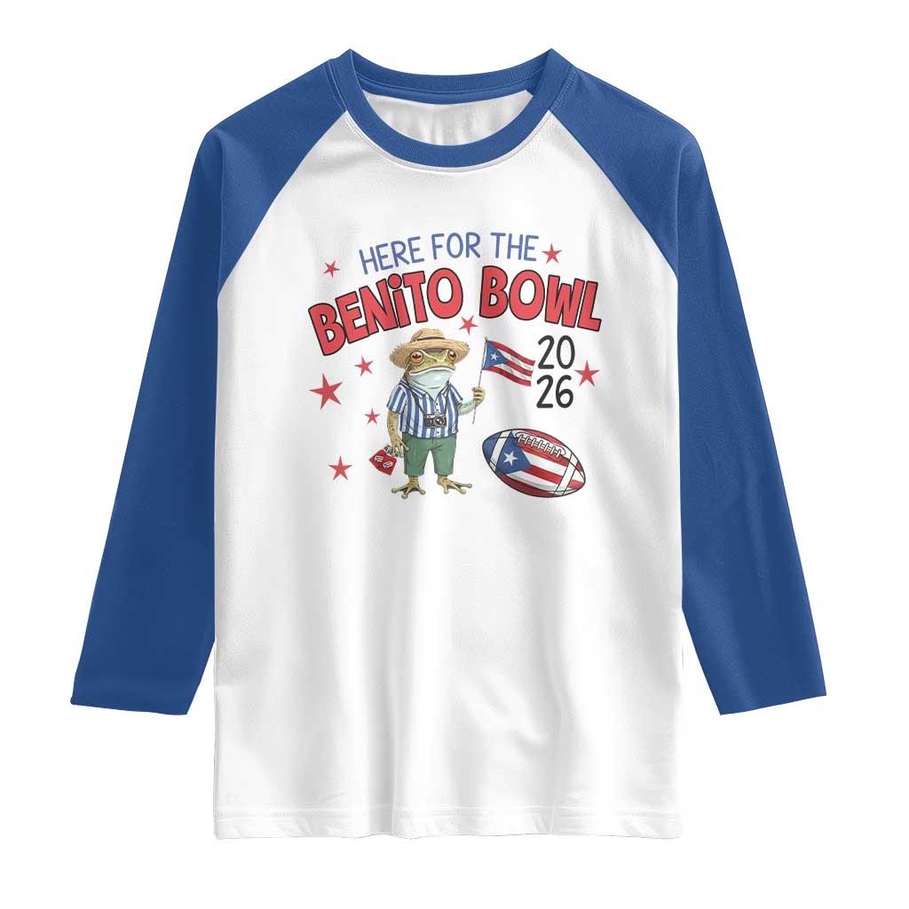 Here for the Benito Bowl 2026 Coquí Frog Raglan Shirt Puerto Rican Funny Football Music Fans