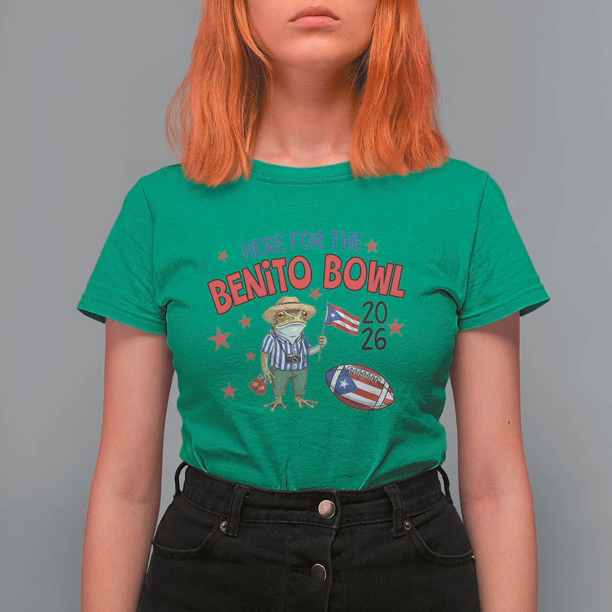 Here for the Benito Bowl 2026 Coquí Frog T Shirt For Women Puerto Rican Funny Football Music Fans