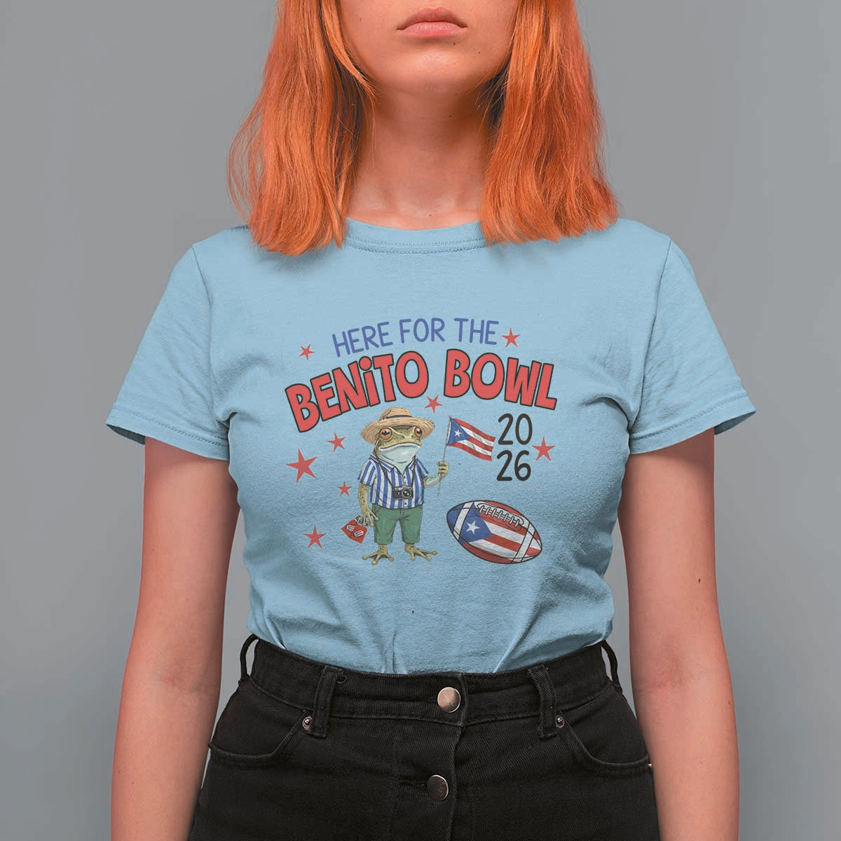 Here for the Benito Bowl 2026 Coquí Frog T Shirt For Women Puerto Rican Funny Football Music Fans
