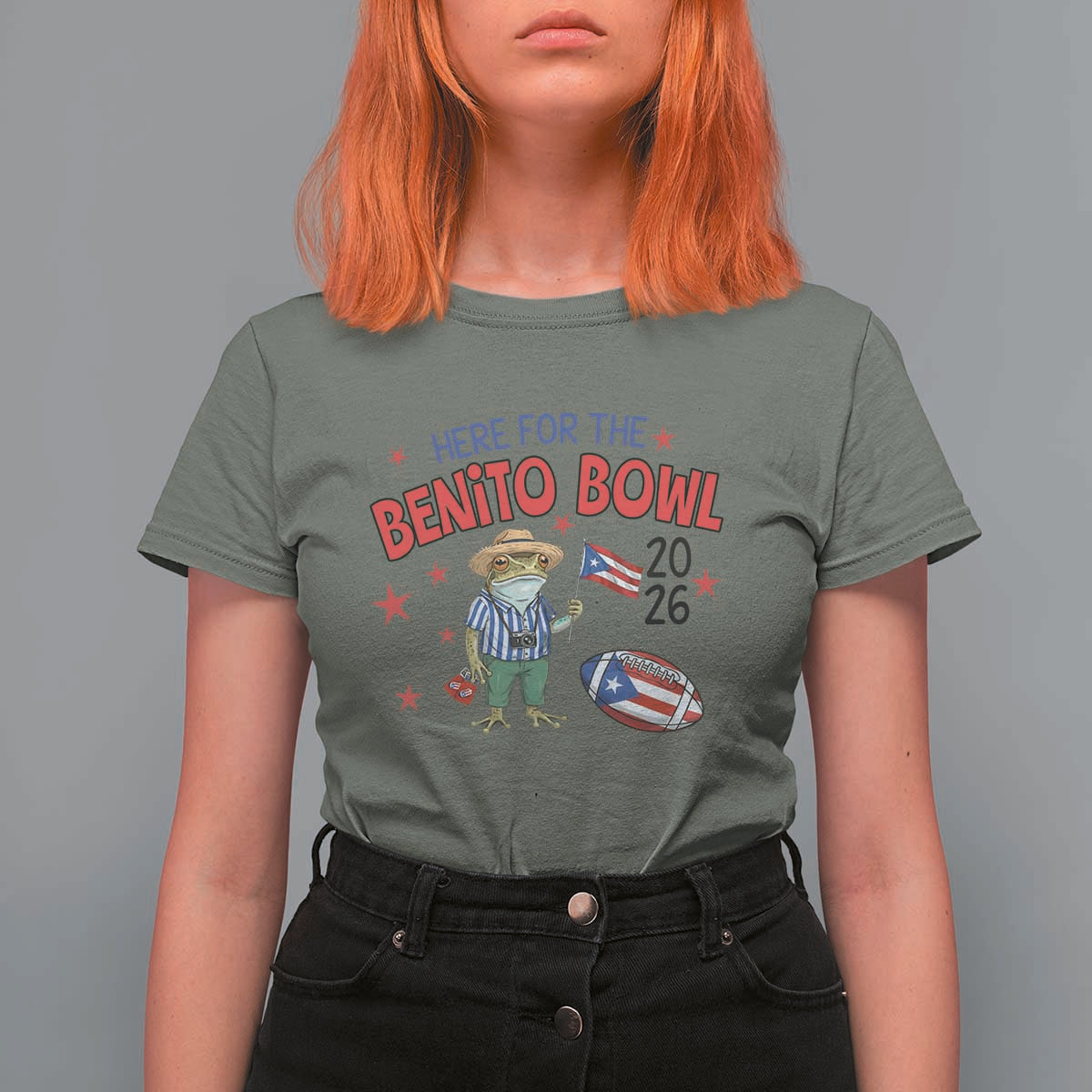 Here for the Benito Bowl 2026 Coquí Frog T Shirt For Women Puerto Rican Funny Football Music Fans
