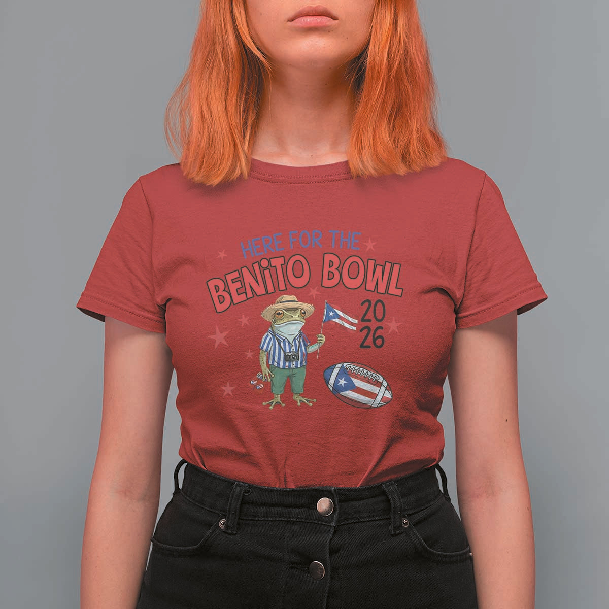 Here for the Benito Bowl 2026 Coquí Frog T Shirt For Women Puerto Rican Funny Football Music Fans
