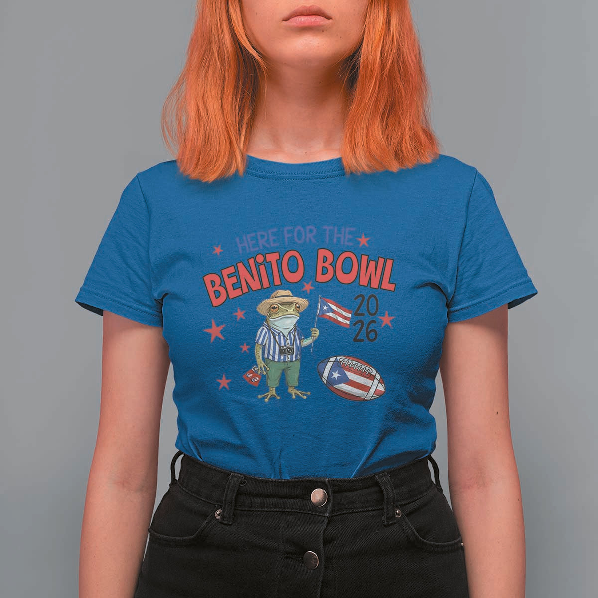 Here for the Benito Bowl 2026 Coquí Frog T Shirt For Women Puerto Rican Funny Football Music Fans