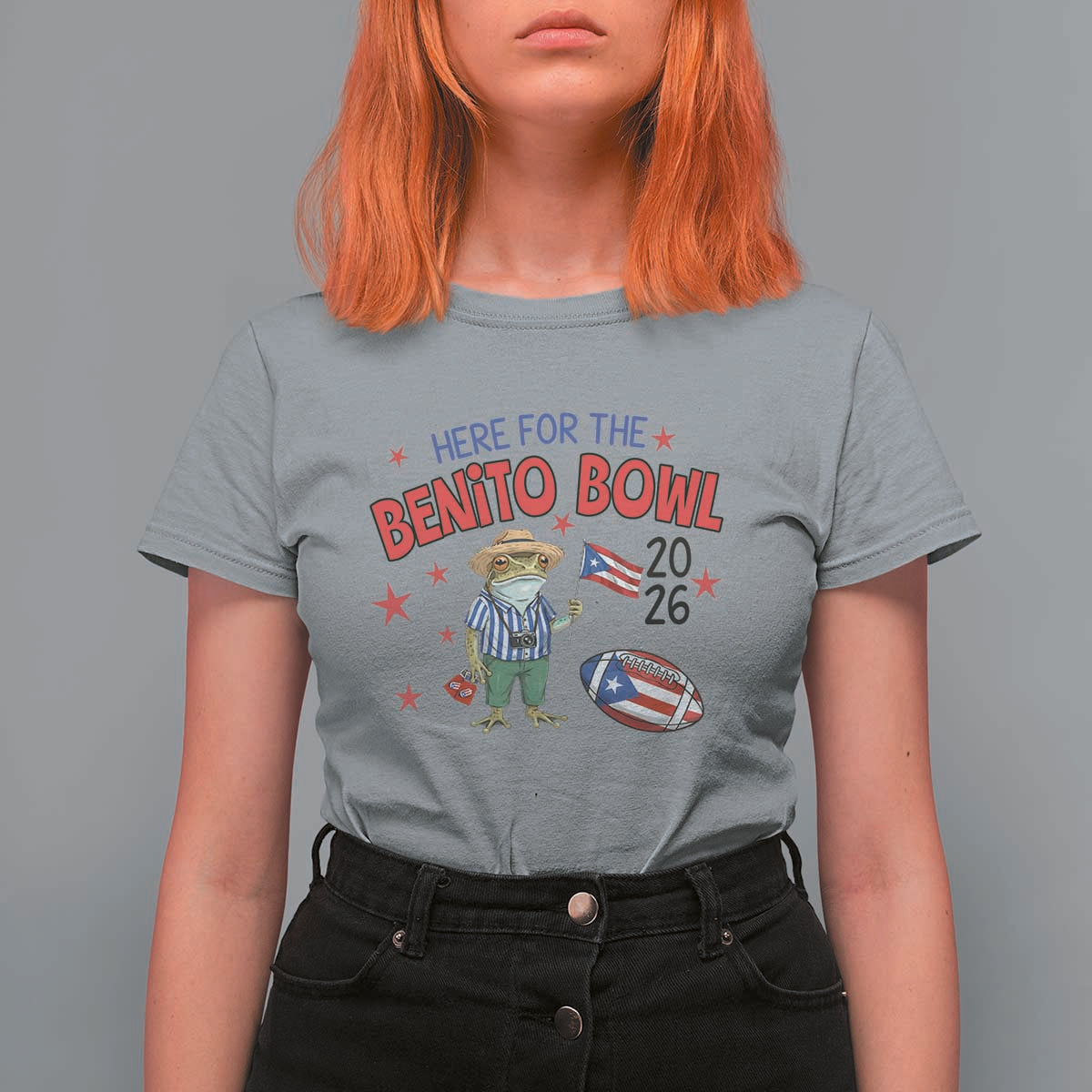 Here for the Benito Bowl 2026 Coquí Frog T Shirt For Women Puerto Rican Funny Football Music Fans