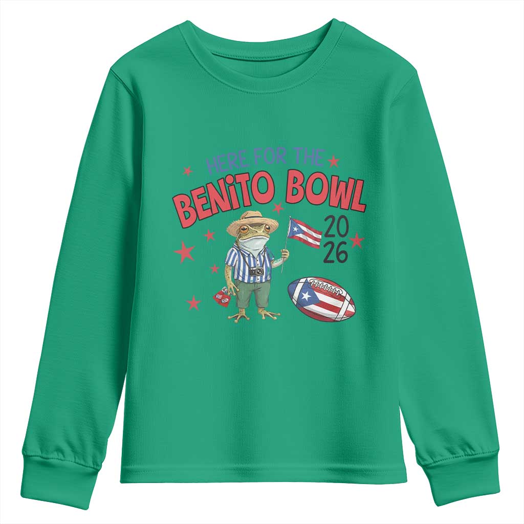 Here for the Benito Bowl 2026 Coquí Frog Youth Sweatshirt Puerto Rican Funny Football Music Fans