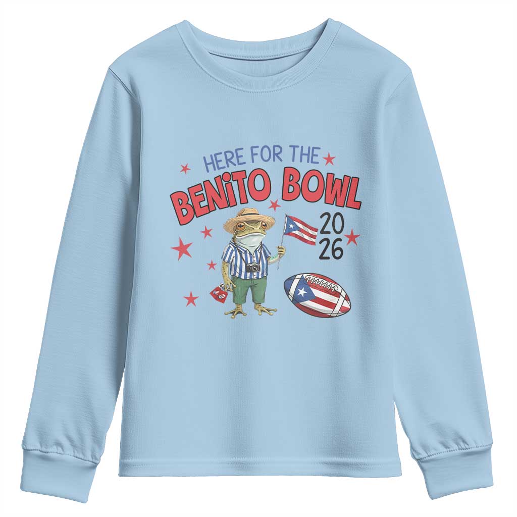 Here for the Benito Bowl 2026 Coquí Frog Youth Sweatshirt Puerto Rican Funny Football Music Fans