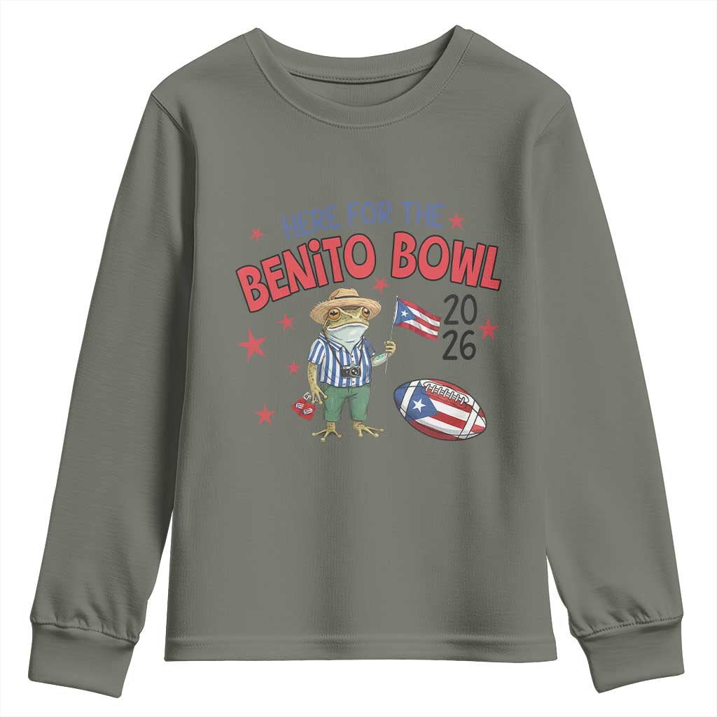 Here for the Benito Bowl 2026 Coquí Frog Youth Sweatshirt Puerto Rican Funny Football Music Fans