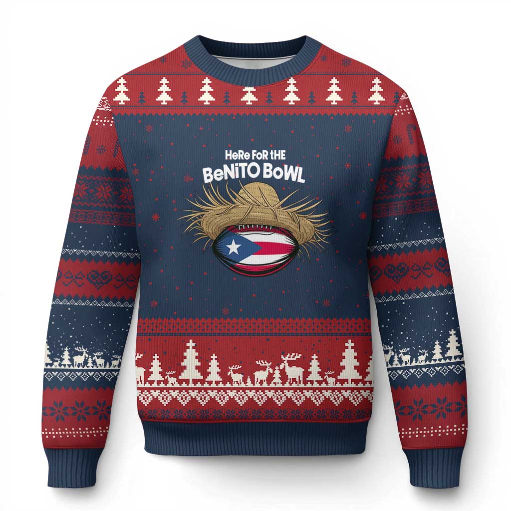 Here for the Benito Bowl Straw Hat Ugly Christmas Sweater Puerto Rico Flag Football Music Fans