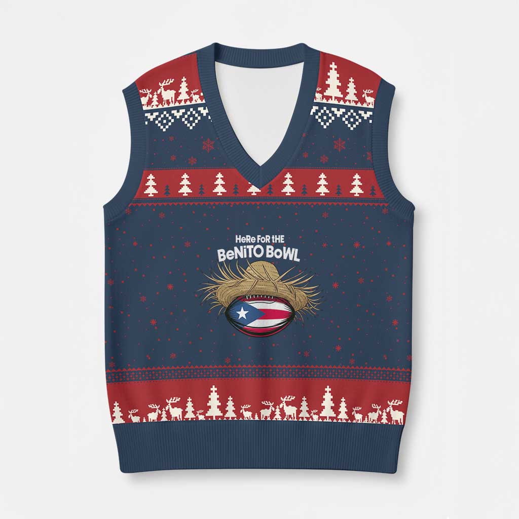 Here for the Benito Bowl Straw Hat V-Neck Knit Sweater Vest Puerto Rico Flag Football Music Fans