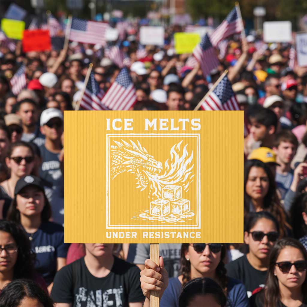 Ice Melts Under Resistance Protest Sign Against Ice Protest Dragon Graphic with Fire