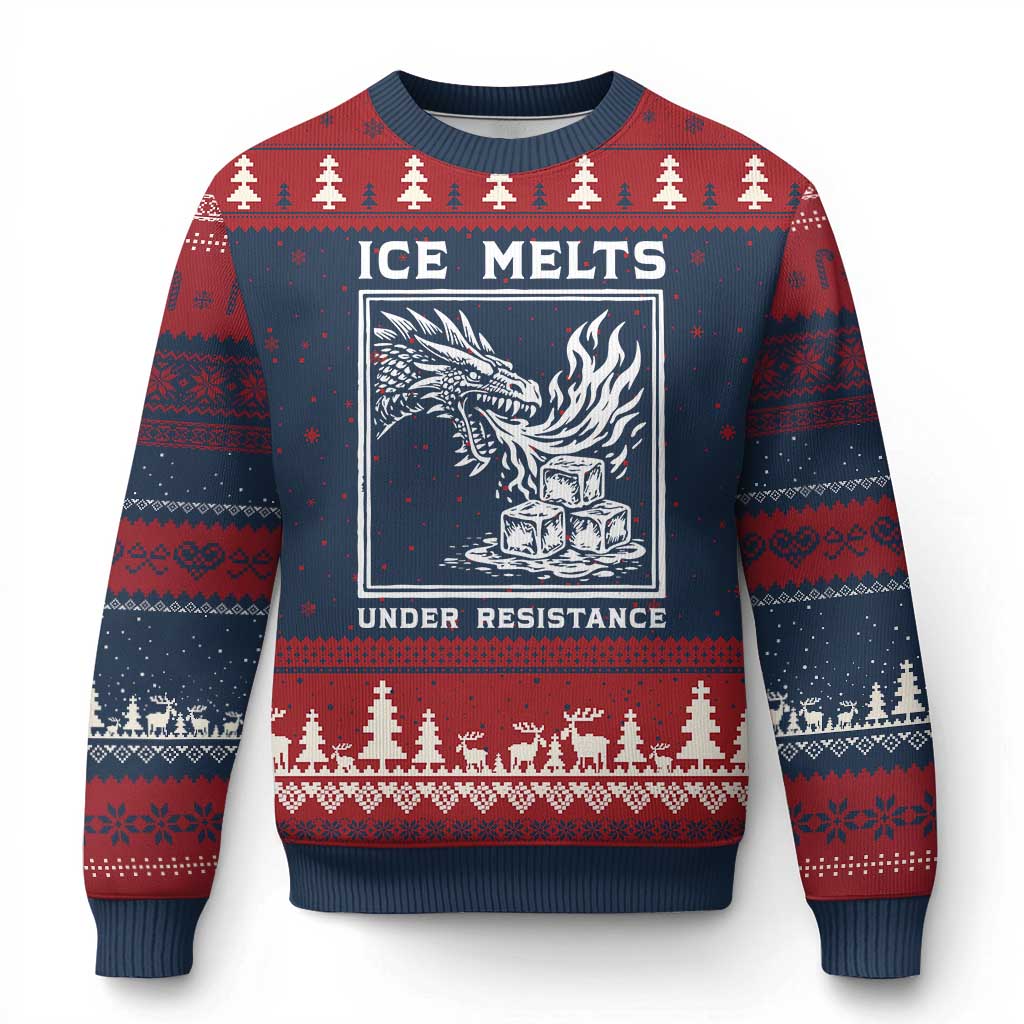 Ice Melts Under Resistance Ugly Christmas Sweater Against Ice Protest Dragon Graphic with Fire