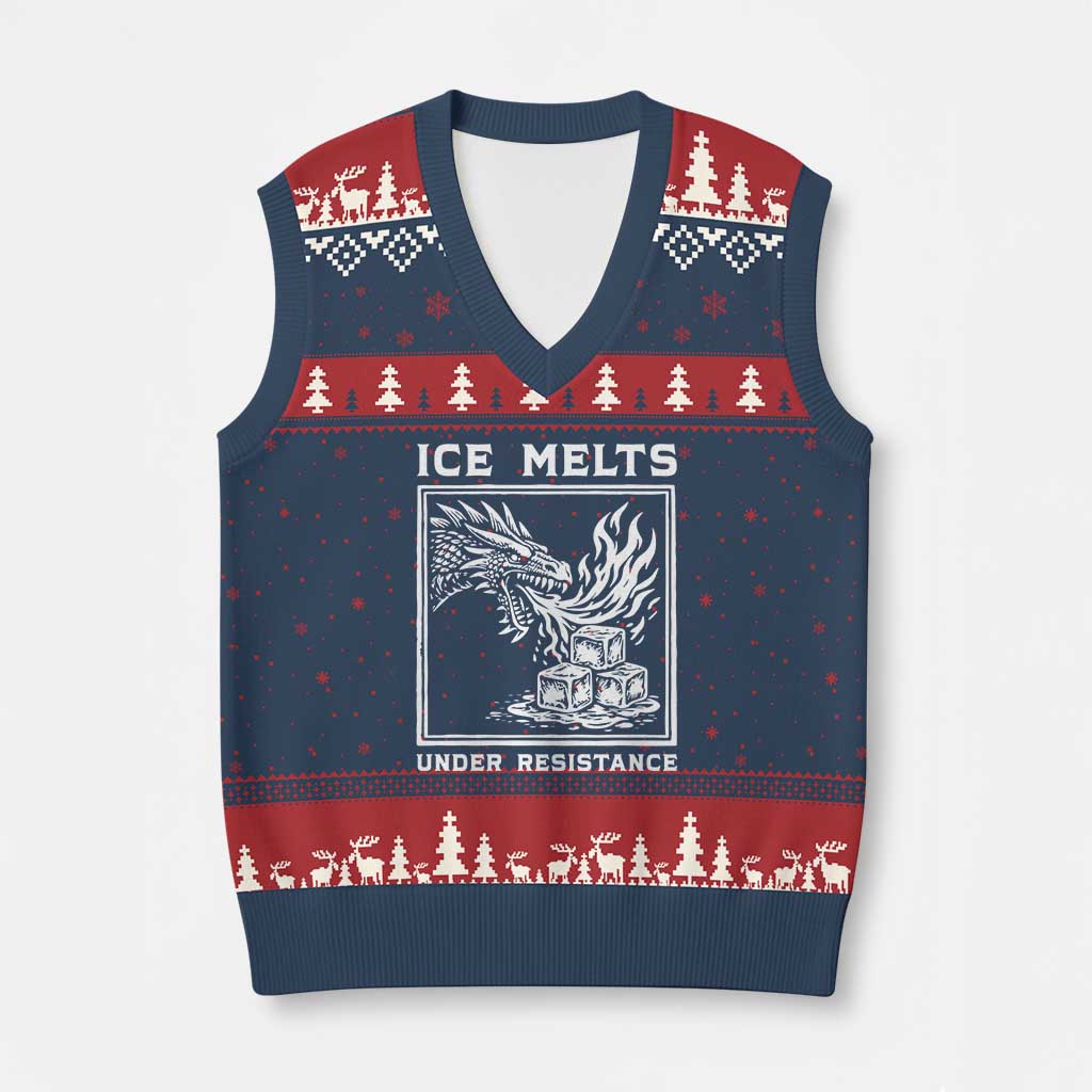 Ice Melts Under Resistance V-Neck Knit Sweater Vest Against Ice Protest Dragon Graphic with Fire
