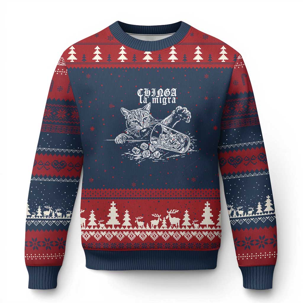 Chinga La Migra Protest Cat Ugly Christmas Sweater Spanish Resistance Against Ice