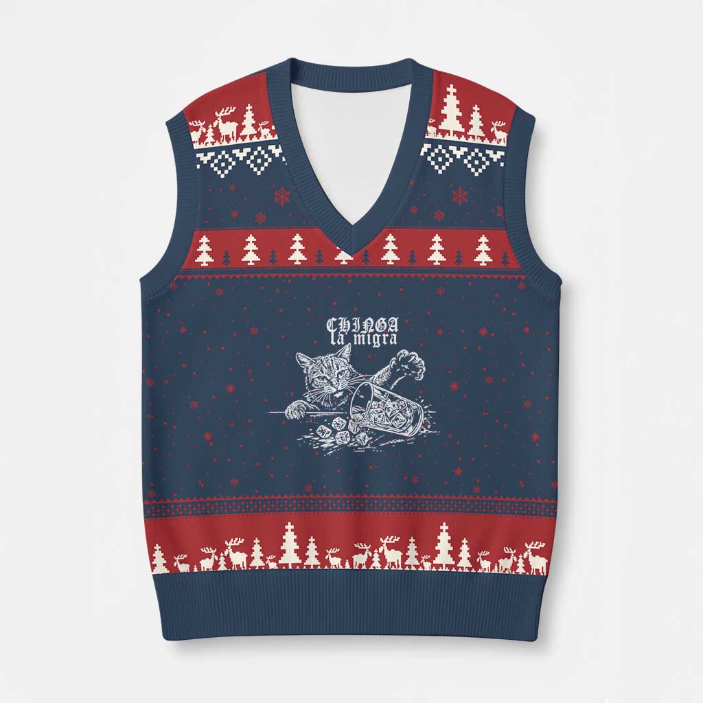 Chinga La Migra Protest Cat V-Neck Knit Sweater Vest Spanish Resistance Against Ice