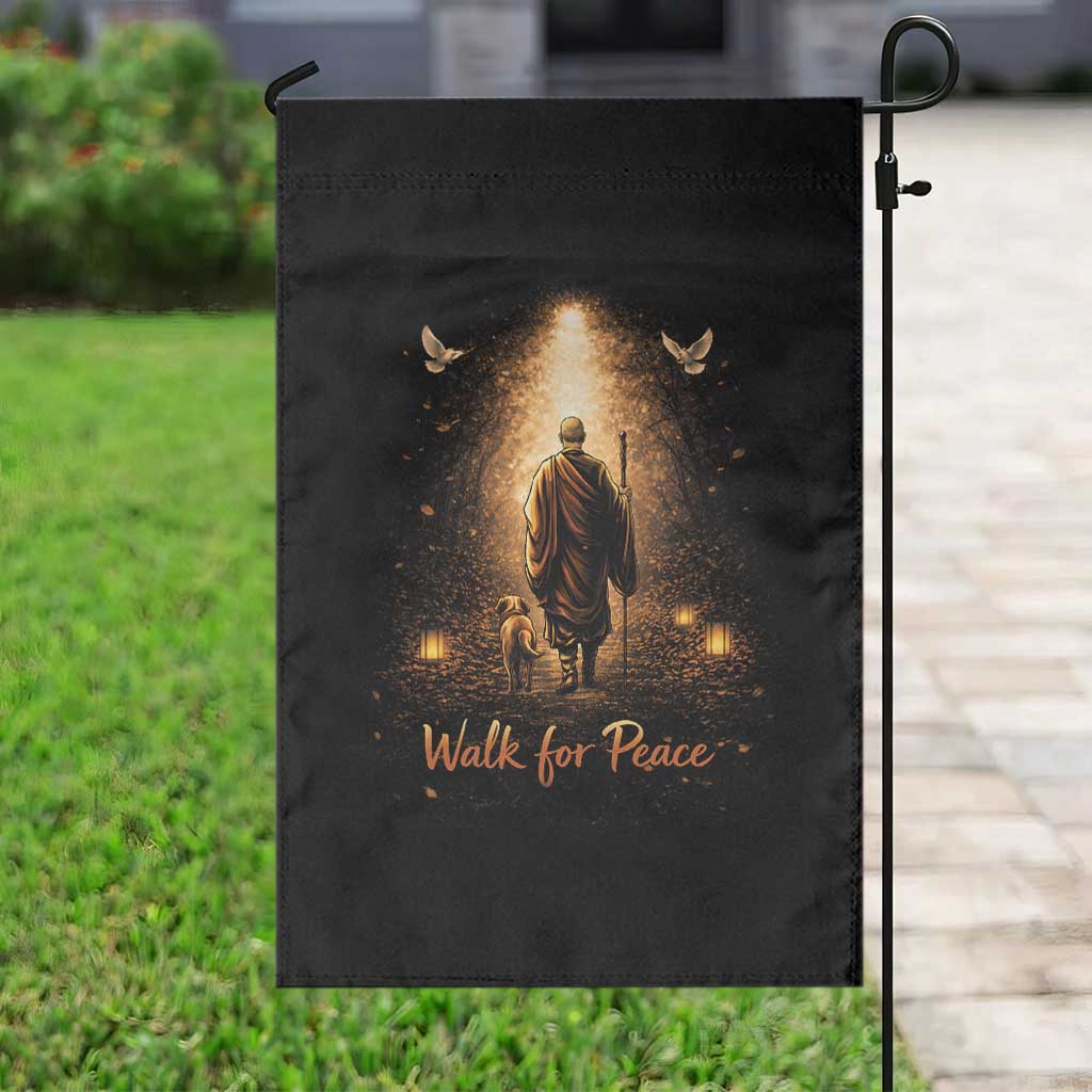 Walk for Peace Lantern Path Garden Flag Monk and Aloka the Dog Spiritual Journey