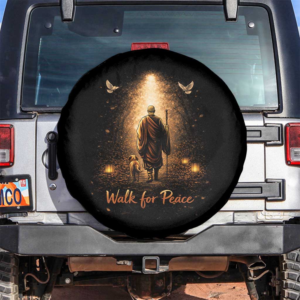 Walk for Peace Lantern Path Spare Tire Cover Monk and Aloka the Dog Spiritual Journey
